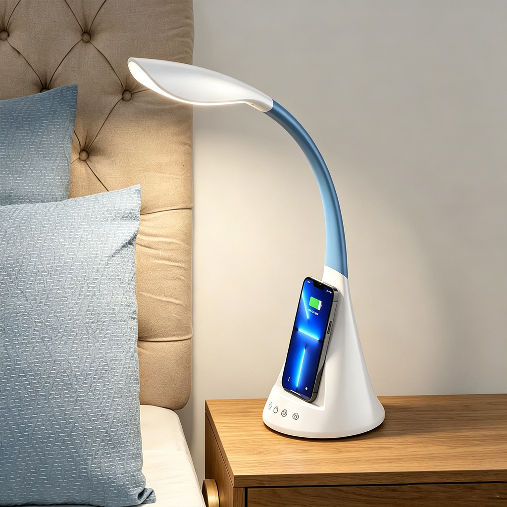 Lampe de bureau LED à col de cygne réglable avec chargeur sans fil