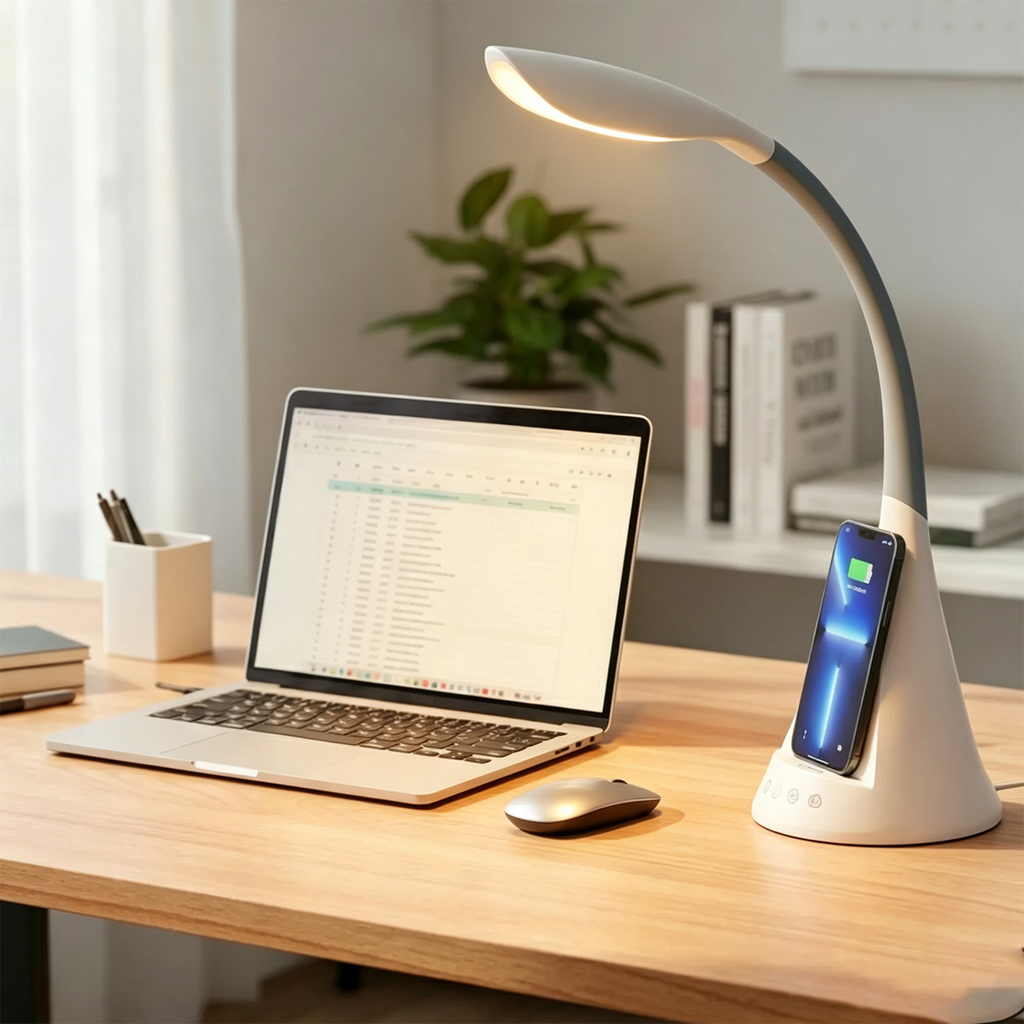 Lampe de bureau LED à col de cygne réglable avec chargeur sans fil